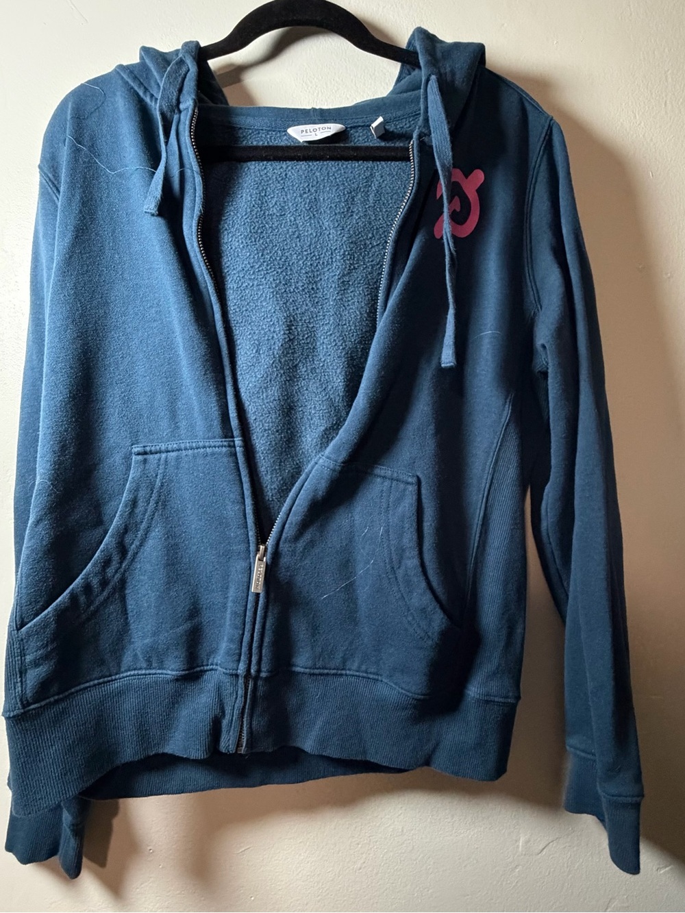 Peloton Women's Dark Blue Zip Hoodie with Pink Logo Accent